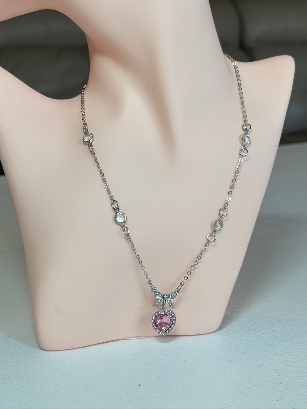 Silver-Tone Heart Pendant Necklace with Pink Crystal